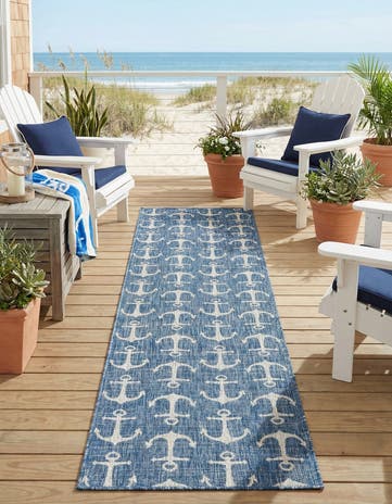 Blue Easy-Clean Coastal Indoor / Outdoor Runner Rug