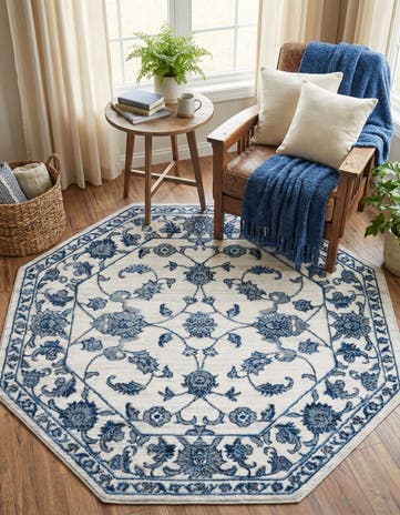 White Blue Boston Octagon Rug