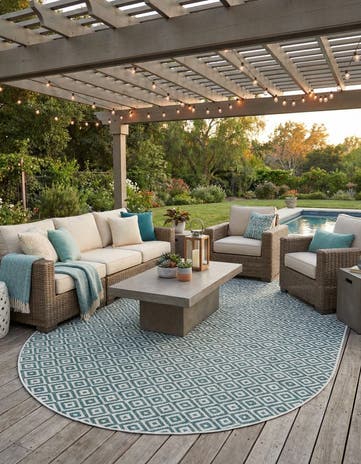 Teal Easy-Clean Jill Zarin Costa Rica Indoor / Outdoor Oval Rug