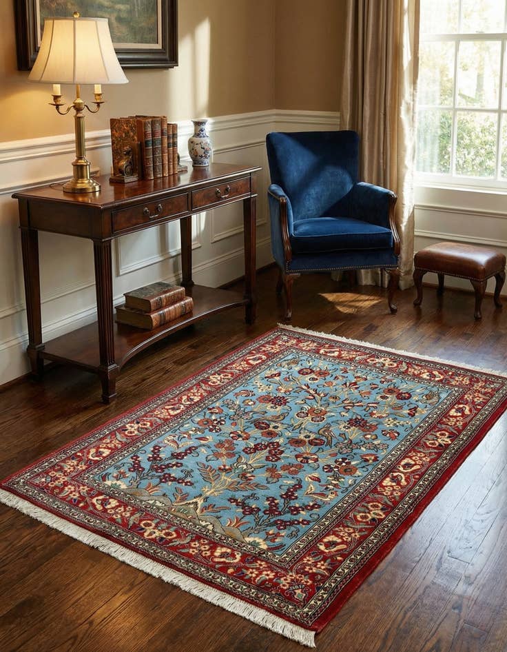 Detail image of  3' 5 x 5'  Hand Knotted Qom Persian Rug