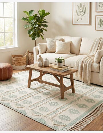 Aquamarine and White Hand Woven Arizona Wool Square Rug