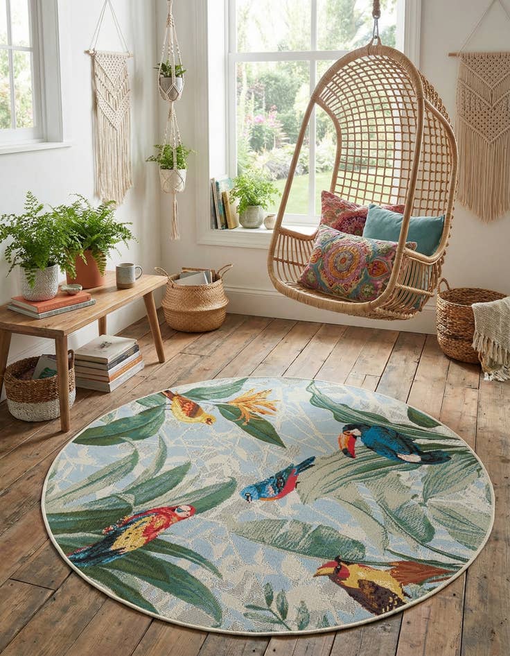 Detail image of 4' x 4'  Washable Botanical Indoor / Outdoor Round Rug