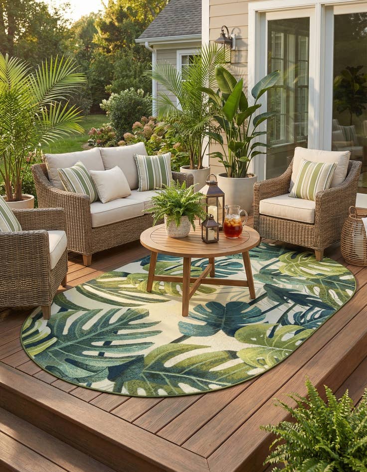 Detail image of 5' 3 x 8'  Washable Botanical Indoor / Outdoor Oval Rug