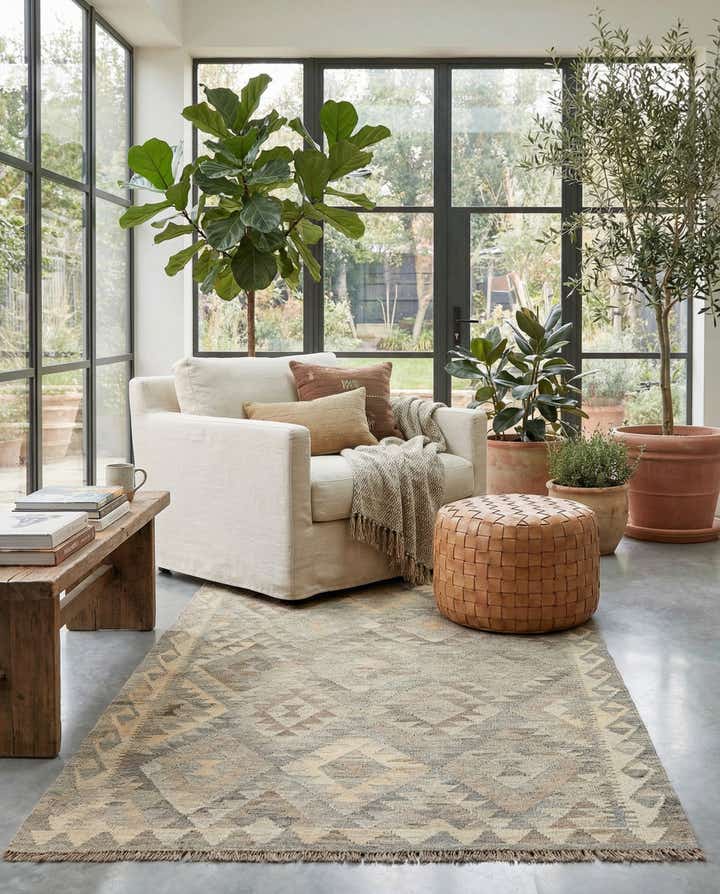 4' 4 x 6' 1 Hand Woven Kilim Maymana Wool Rug