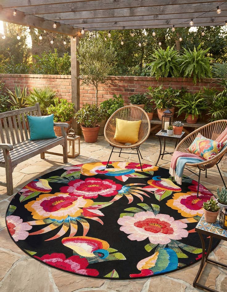 Detail image of 10' x 10'  Washable Botanical Indoor / Outdoor Round Rug