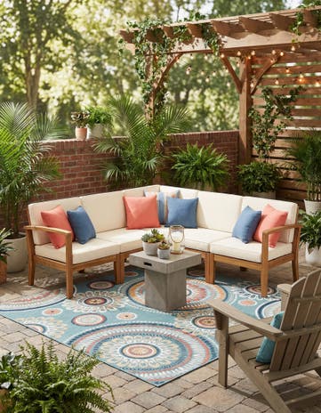 Light Blue Easy-Clean Botanical Indoor / Outdoor Square Rug