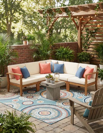 Light Blue Easy-Clean Botanical Indoor / Outdoor Square Rug