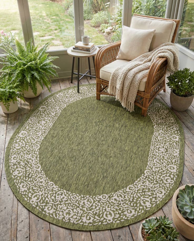 Detail image of 7' 10 x 10' Easy-Clean Border Indoor / Outdoor Oval Rug