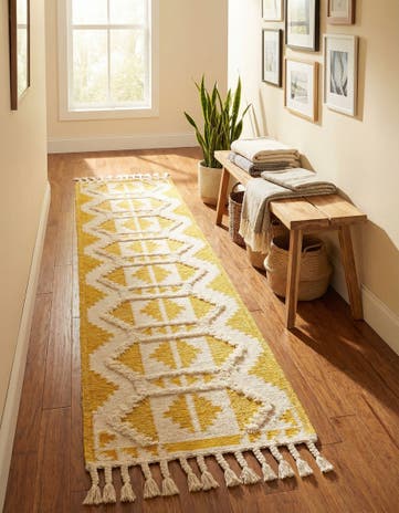 Yellow and White Hand Woven Arizona Wool Runner Rug