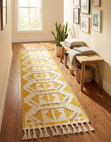 Yellow and White Hand Woven Arizona Wool Runner Rug