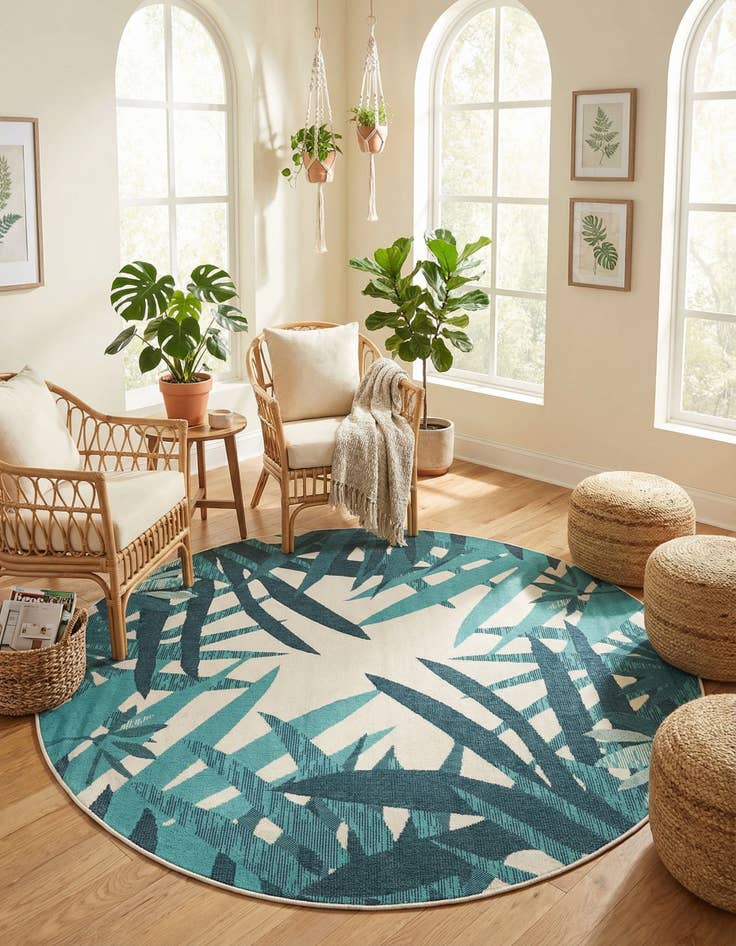 Detail image of 7' 10 x 7' 10  Washable Botanical Indoor / Outdoor Round Rug