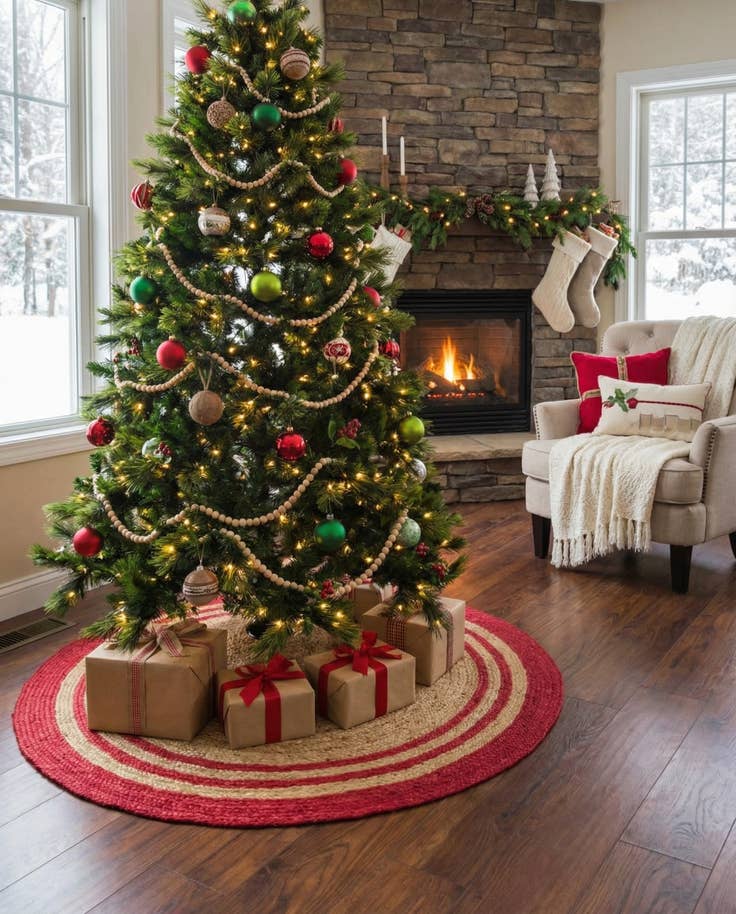 Detail image of 6' 1 x 6' 1 Hand Braided Christmas Tree Skirt