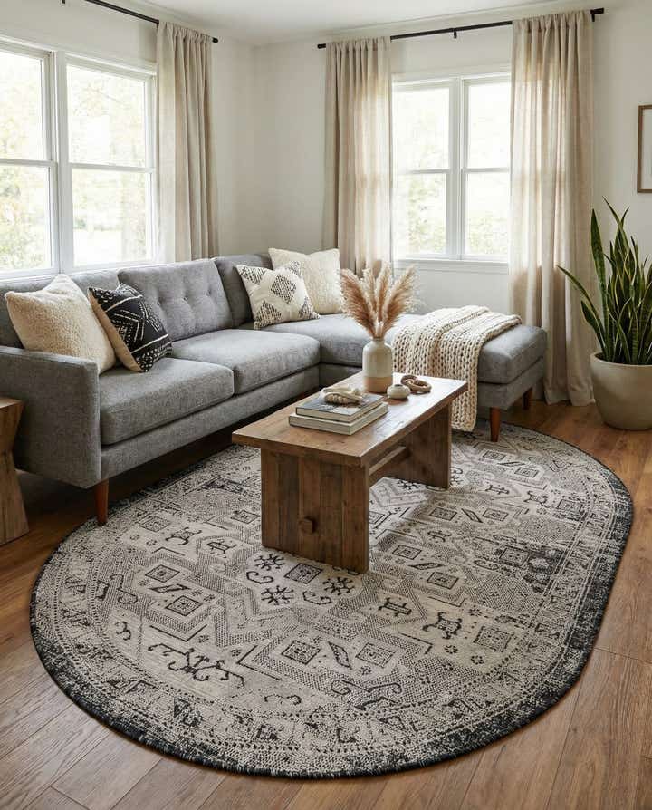 5' 3 x 8' Easy-Clean Aztec Indoor / Outdoor Oval Rug