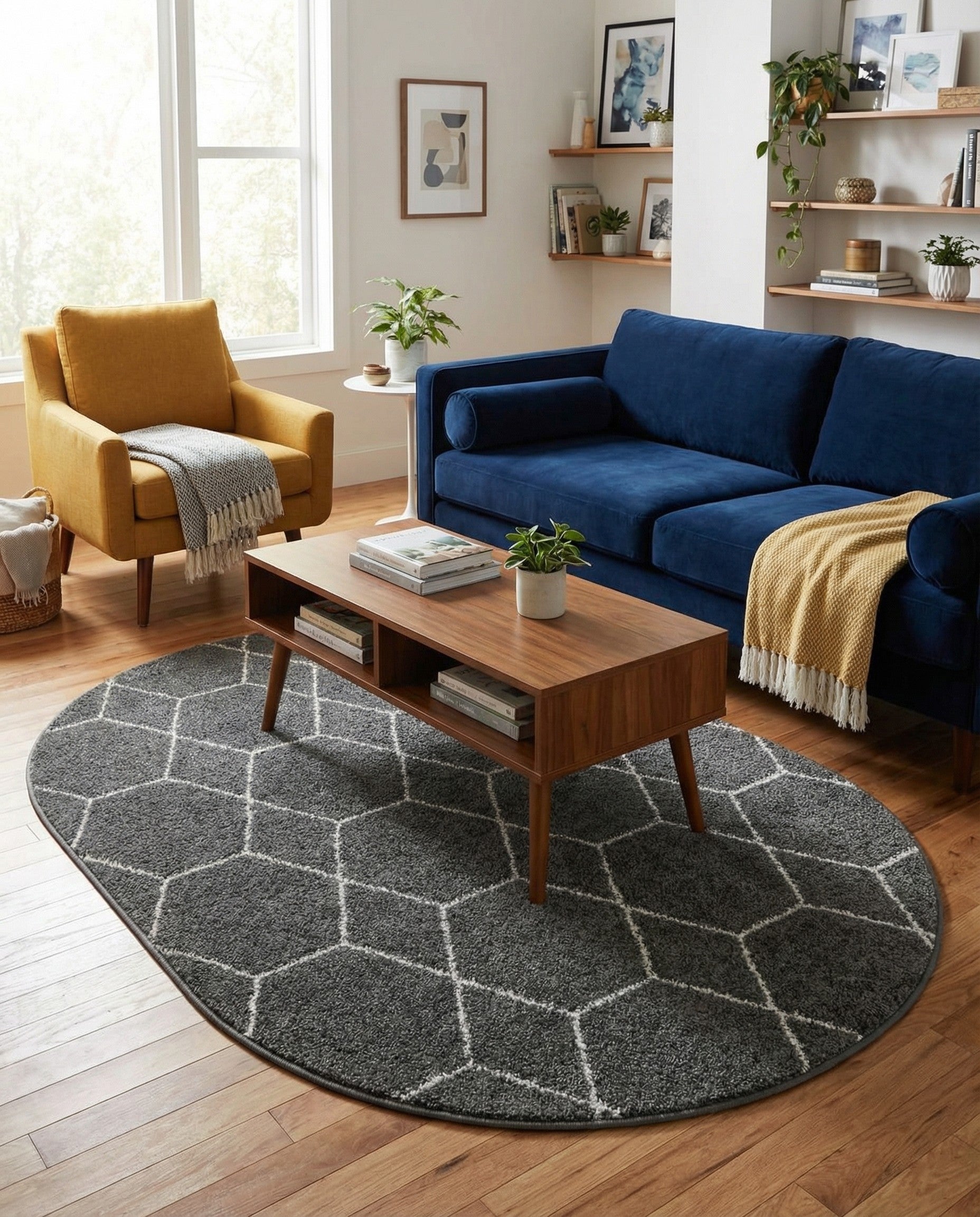 A 4'x6' oval gray rug with a white modern trellis pattern, suitable for various indoor spaces.