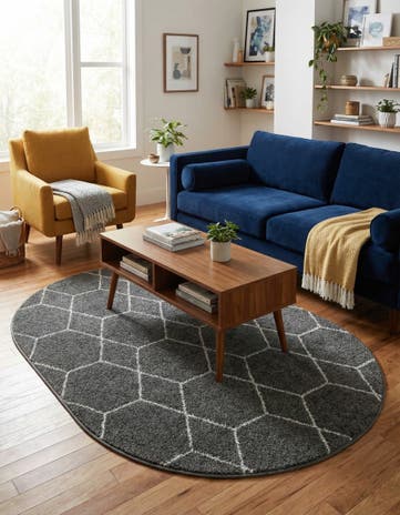 Dark Gray Lattice Frieze Oval Rug