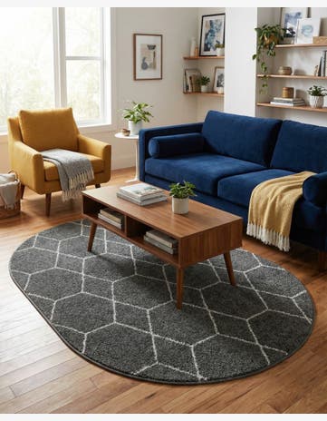 Dark Gray Lattice Frieze Oval Rug