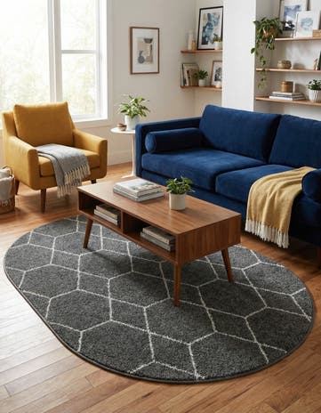 Dark Gray Lattice Frieze Oval Rug