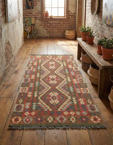 3' 4 x 6' 4 Hand Woven Kilim Maymana Wool Runner Rug