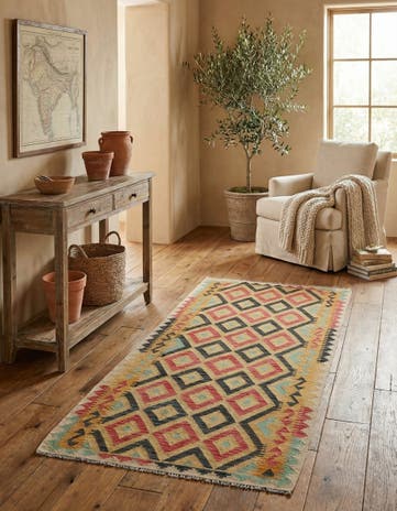 3' 5 x 6' 8 Hand Woven Kilim Maymana Wool Runner Rug