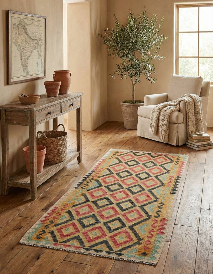 Detail image of 3' 5 x 6' 8  Hand Woven Kilim Maymana Wool Runner Rug