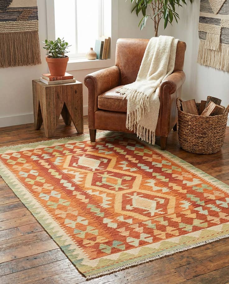 Detail image of 3' 2 x 4' 10 Hand Woven Kilim Waziri Wool Rug
