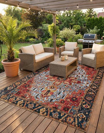 Rust Red and Blue Easy-Clean Traditional Indoor / Outdoor Rug