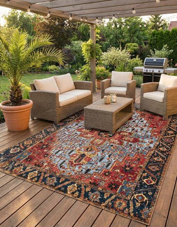 Rust Red and Blue Easy-Clean Traditional Indoor / Outdoor Rug