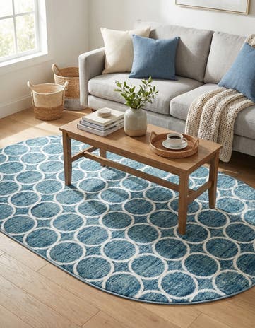 Blue Lattice Trellis Oval Rug