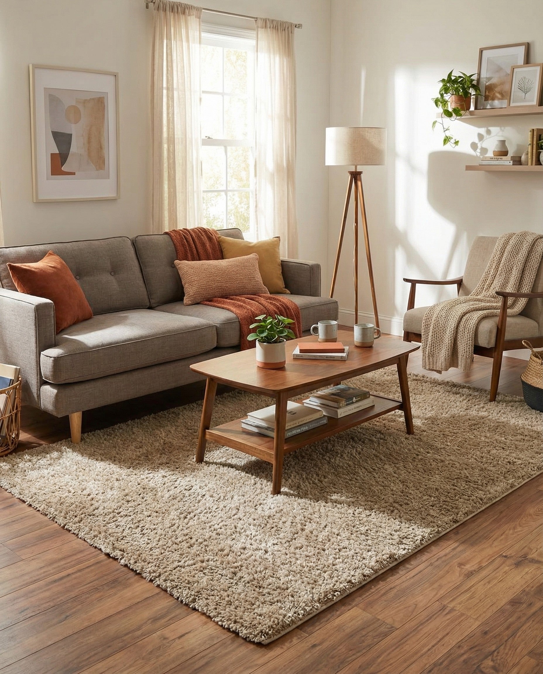 A rectangular 6x9 brown and tan shag rug with a textured, plush pile, ideal for a living room or bedroom.