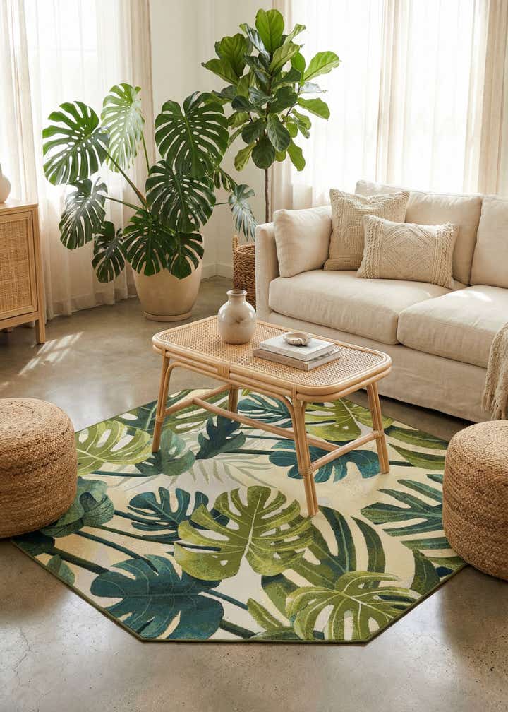 7' x 7' Easy-Clean Botanical Indoor / Outdoor Octagon Rug