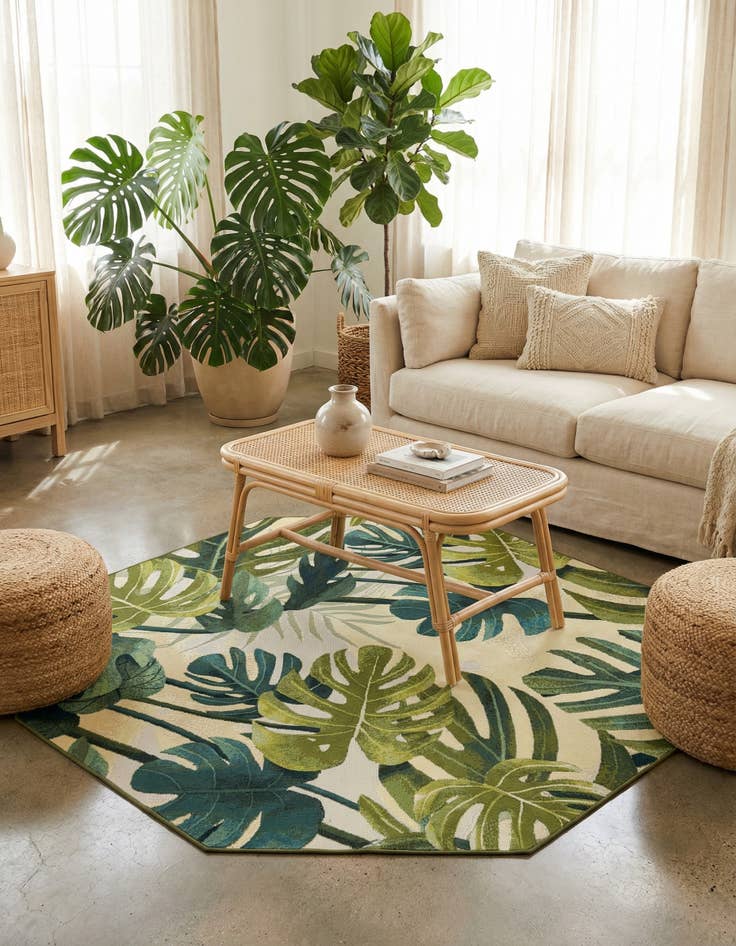 Detail image of 7' x 7'  Washable Botanical Indoor / Outdoor Octagon Rug