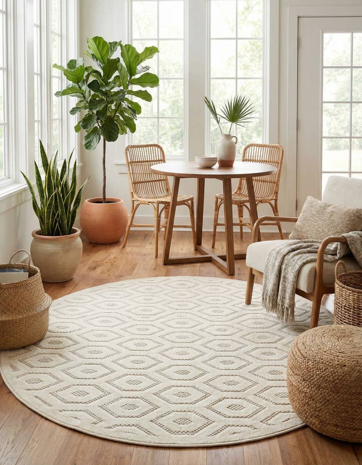 Detail image of 5' 3 x 5' 3  Washable Trellis Textured Indoor / Outdoor Round Rug