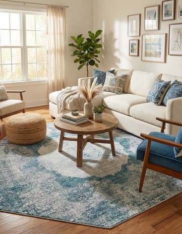 Teal Ivory Washable Yara Octagon Rug