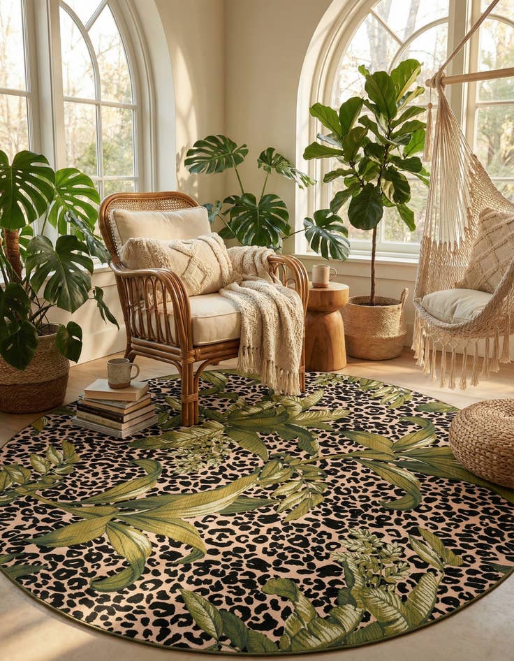 Detail image of 10' x 10'  Washable Botanical Indoor / Outdoor Round Rug