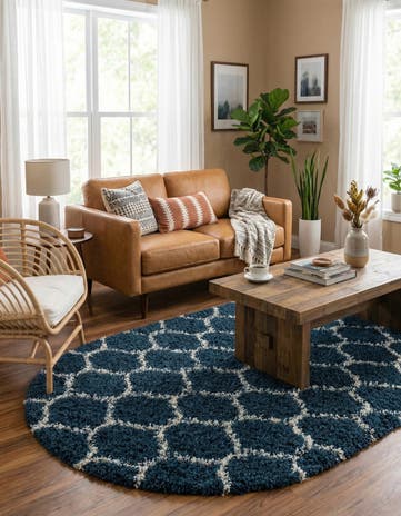 Navy Blue Lattice Shag Oval Rug