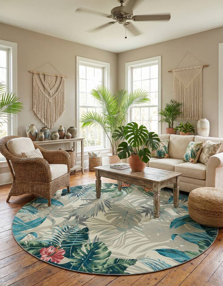 Detail image of 10' x 10'  Washable Botanical Indoor / Outdoor Round Rug