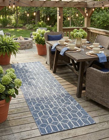 Navy Blue Easy-Clean Lattice Indoor / Outdoor Runner Rug