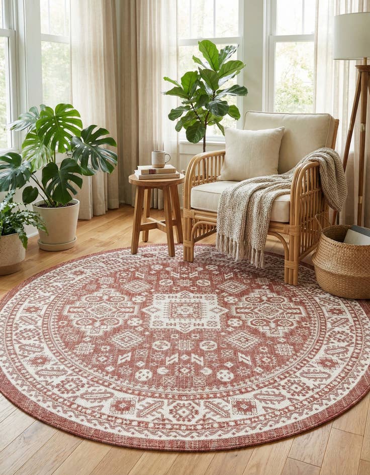 Detail image of 6' x 6'  Washable Aztec Indoor / Outdoor Round Rug