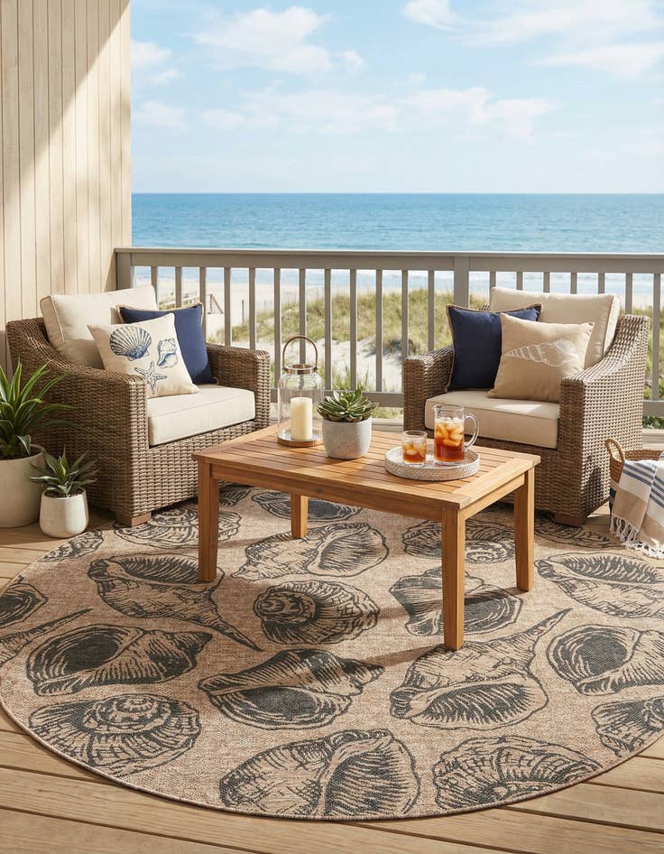 Detail image of 10' x 10'  Washable Coastal Indoor / Outdoor Round Rug
