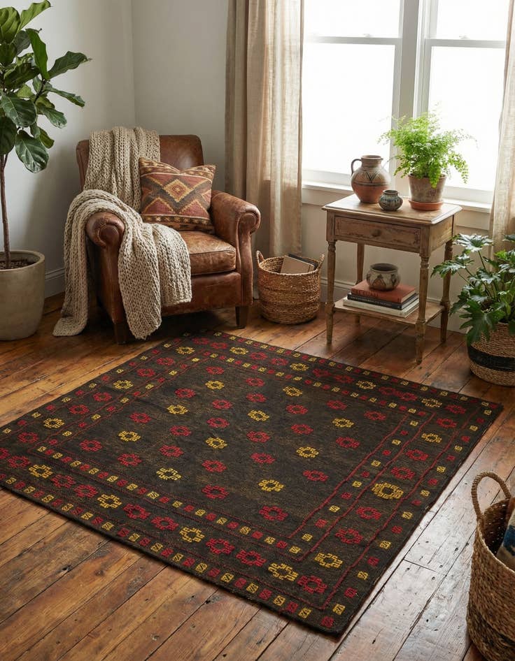 Detail image of 4' 2 x 4' 3  Hand Knotted Sumak Wool Square Rug