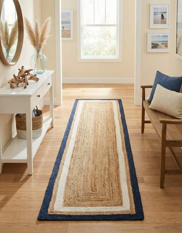 Navy Blue White Natural Handmade Braided Jute Runner Rug