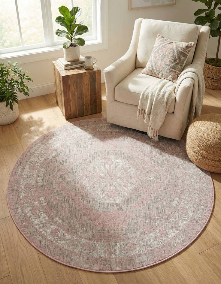 Detail image of 5' 3 x 5' 3  Washable Traditional Indoor / Outdoor Round Rug