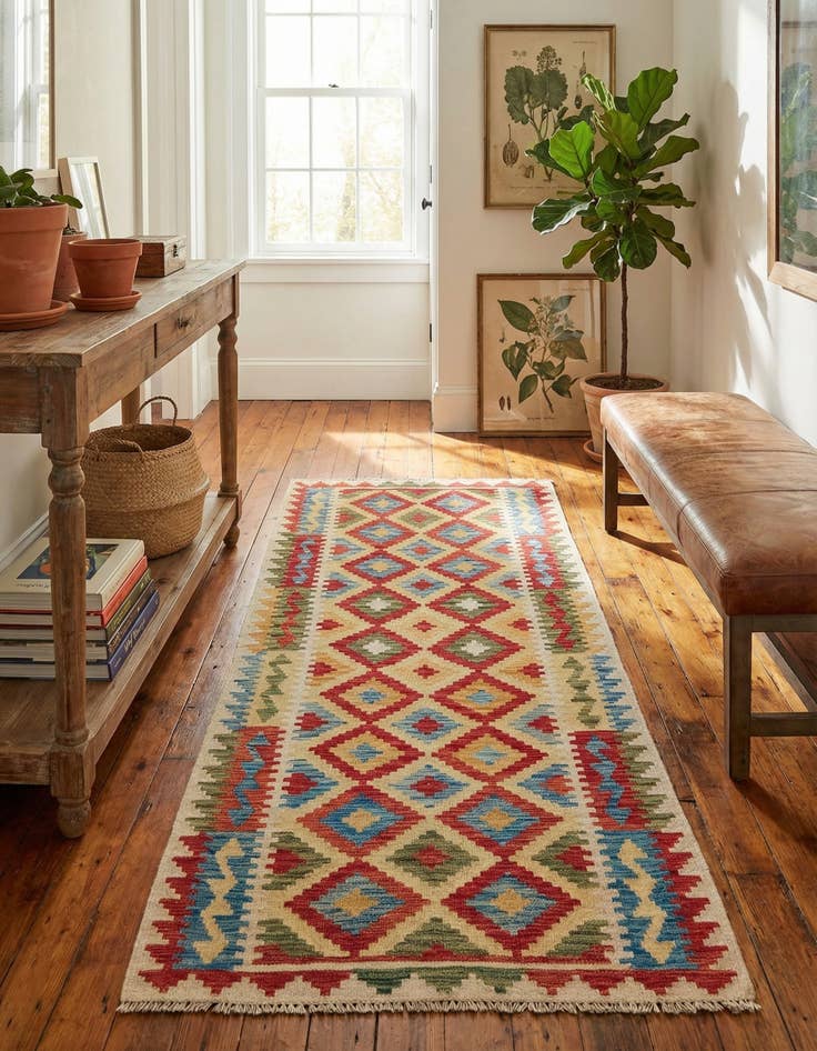 Detail image of 3' 2 x 6' 7  Hand Woven Kilim Maymana Wool Runner Rug