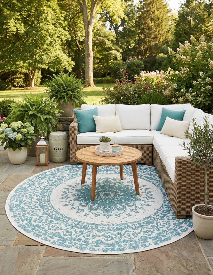 Detail image of 10' x 10'  Washable Traditional Indoor / Outdoor Round Rug