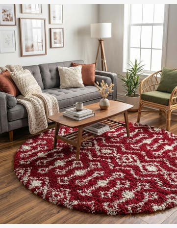 Burgundy Red Moroccan Trellis Shag Round Rug