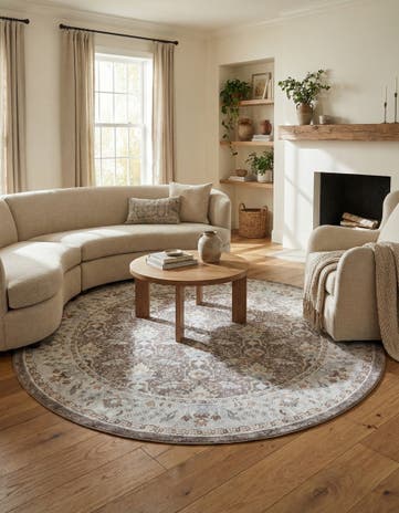 Almond Brown Washable Timeless Round Rug