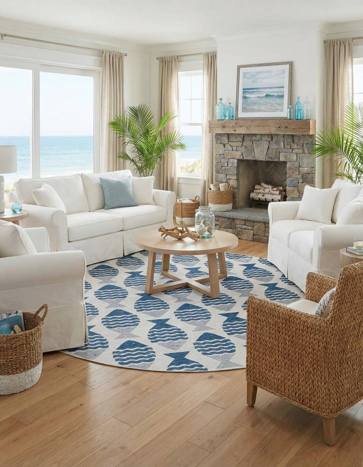 Detail image of 12' x 12'  Washable Coastal Indoor / Outdoor Round Rug