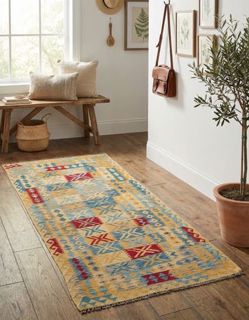 3' 3 x 6' 10 Hand Woven Kilim Maymana Wool Runner Rug
