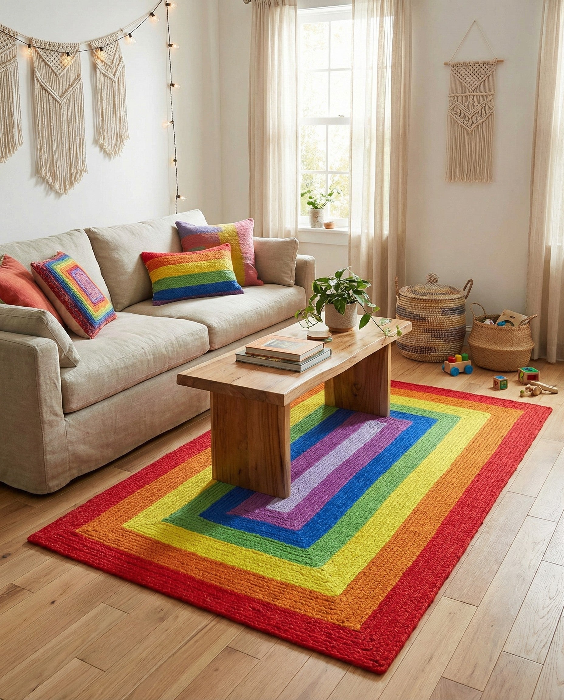  3' 1 x 5' 1  Hand Hand Braided Rainbow Wool Rug