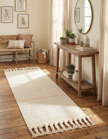 Beige and White Hand Woven Chindi Cotton Runner Rug